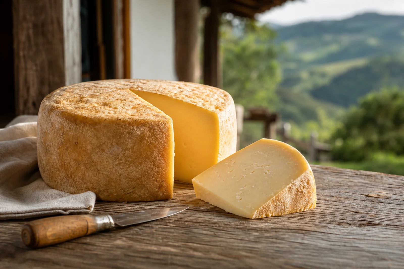 Queijo Canastra artesanal servido em uma mesa rústica